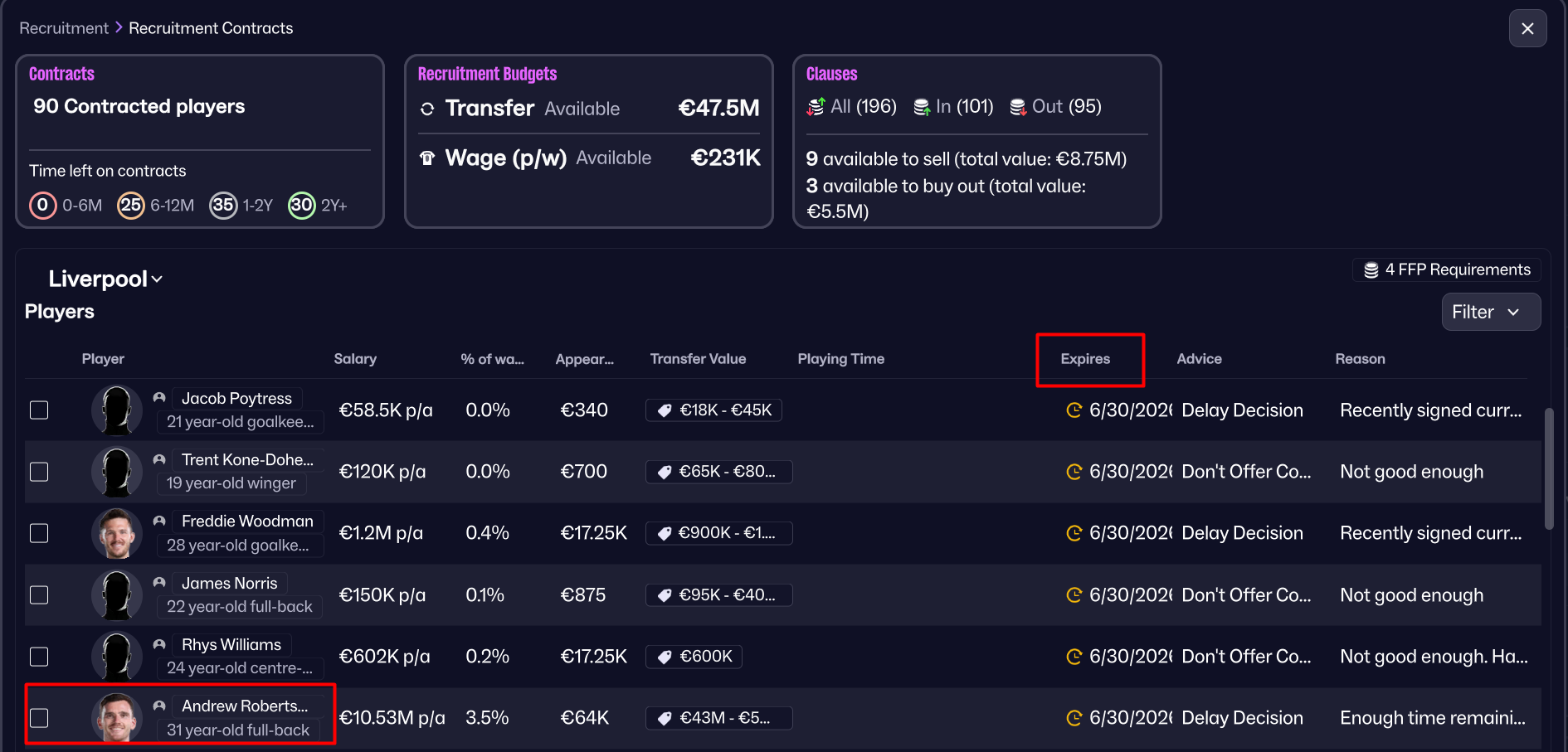 Players contracts screen