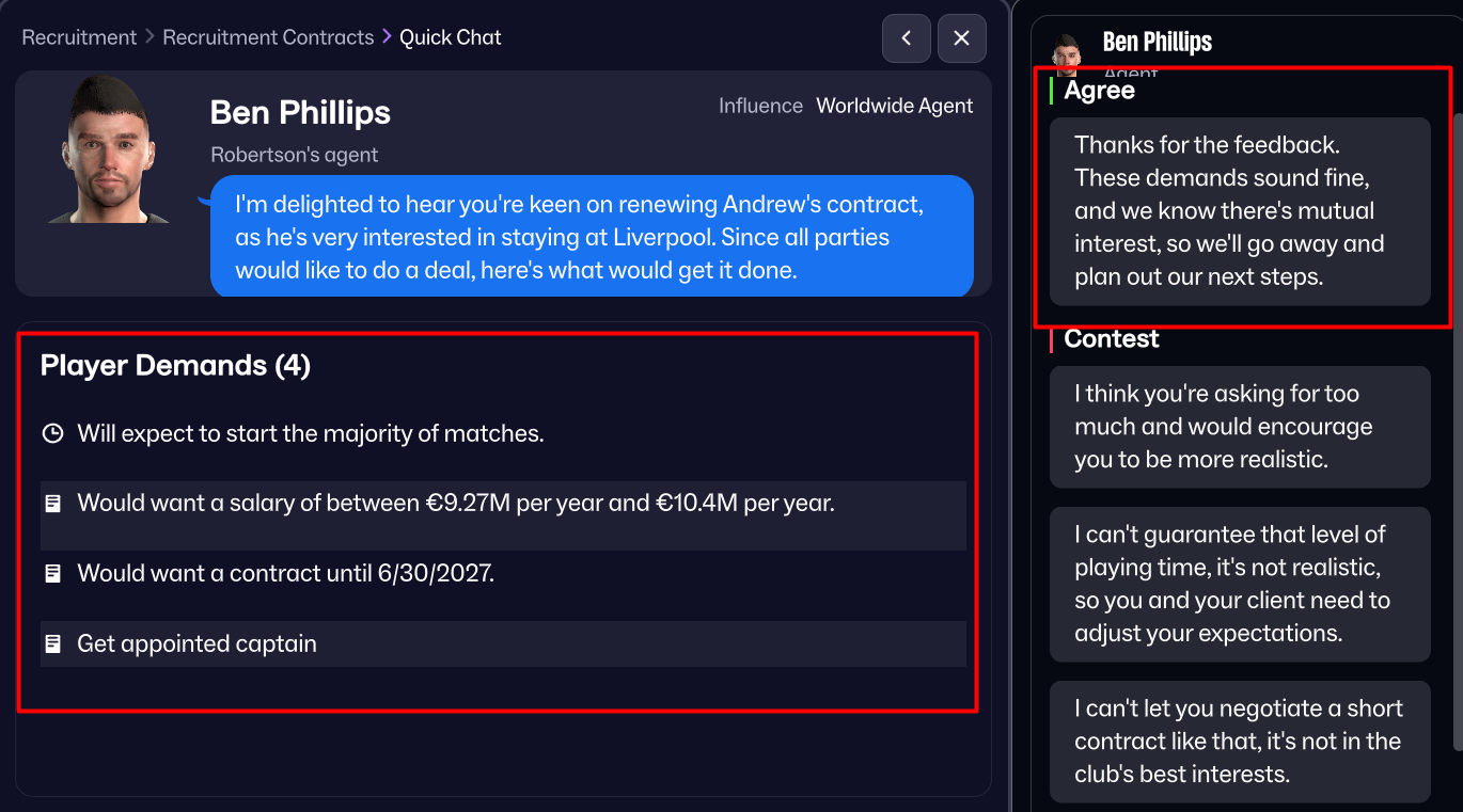 Agent screen with demands for player's contract