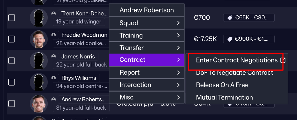 Players contracts screen with player's context menu