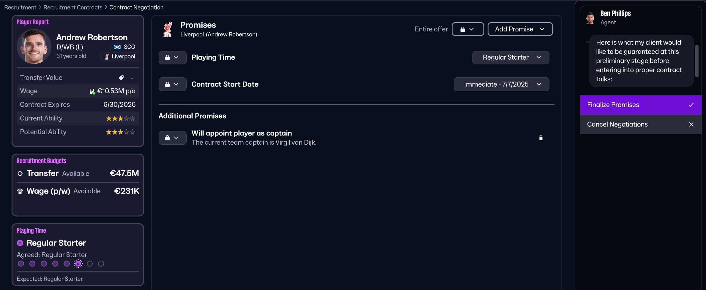 Contract promises screen