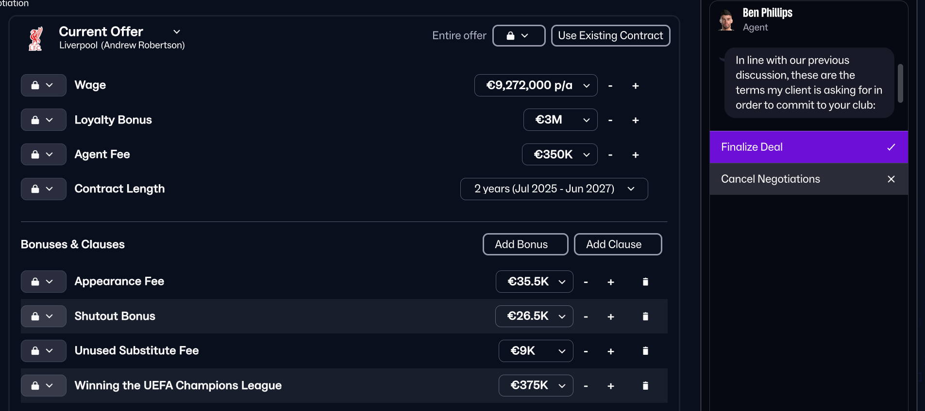 Contract conditions screen