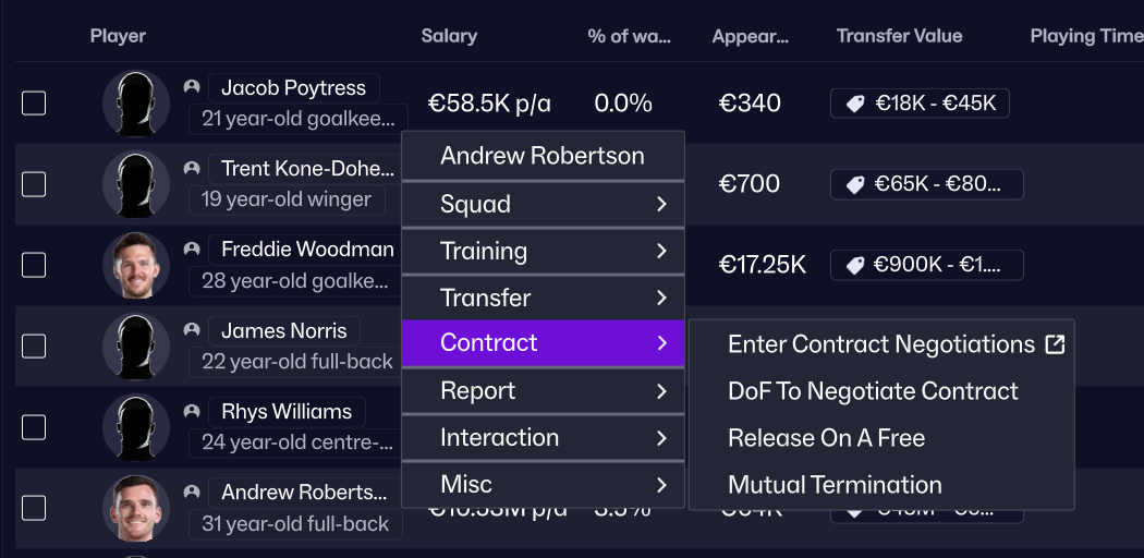 Players contracts screen with context menu