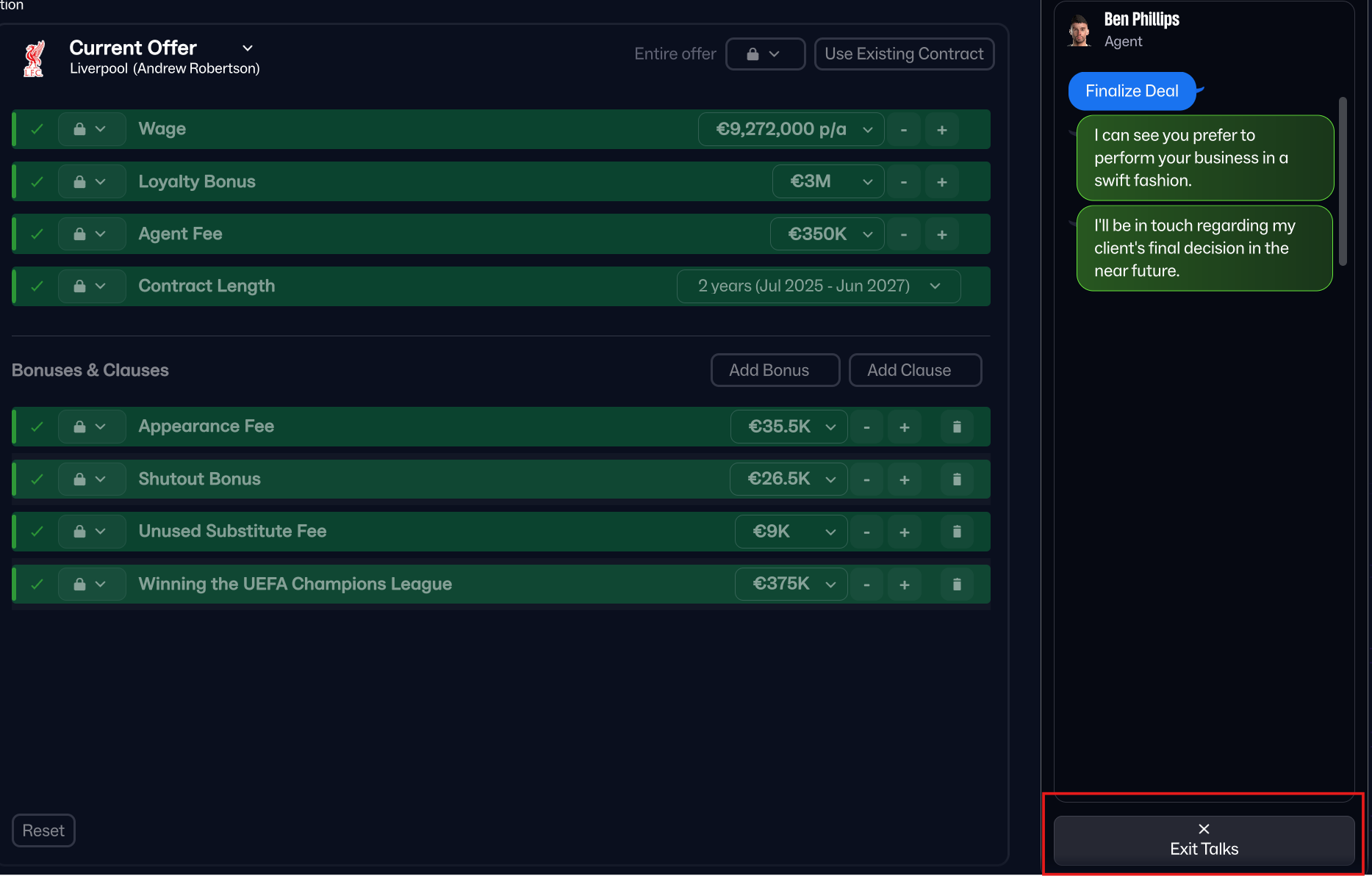 Last step of contract offer screen
